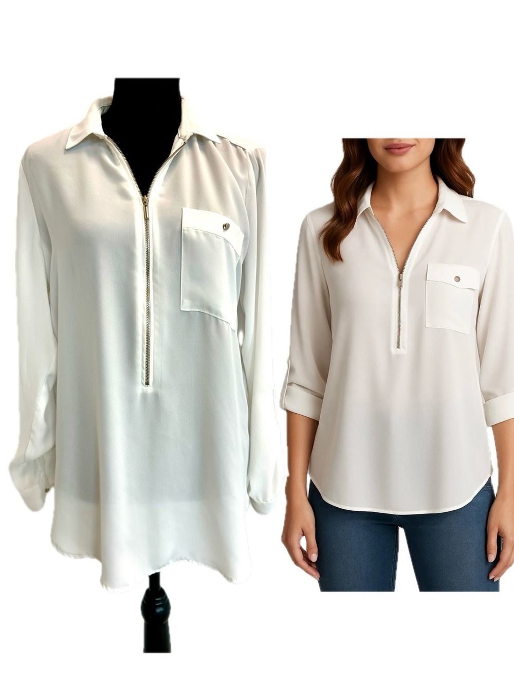 Dynamite Women's Zip-Front Ivory White Blouse with Pocket & Roll tab sleeves M